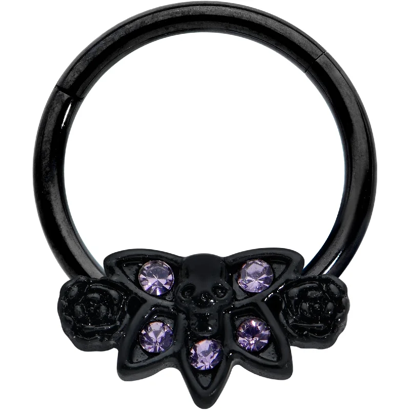 Nose Rings for Fashion-Forward Women -16 Gauge 3/8 Purple Gem Black Skull Blossom Hinged Segment Ring Nose Rings for Fashion-Forward Women -16 Gauge 3/8 Purple Gem Black Skull Blossom Hinged Segment Ring