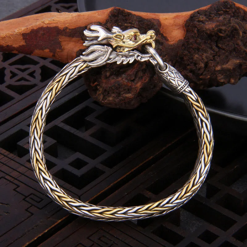 Men's Bracelets with Silver and Leather Details-Buddha Stones 925 Sterling Silver Year Of The Dragon Auspicious Dragon Protection Metal Braided Design Bracelet Men's Bracelets with Silver and Leather Details-Buddha Stones 925 Sterling Silver Year Of The Dragon Auspicious Dragon Protection Metal Braided Design Bracelet