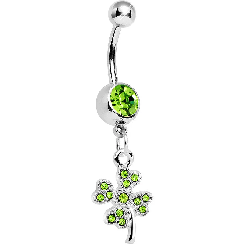 Belly Rings with Vibrant Stones for Stunning Effect -Green Gem Delicate Four Leaf Clover Dangle Belly Ring
