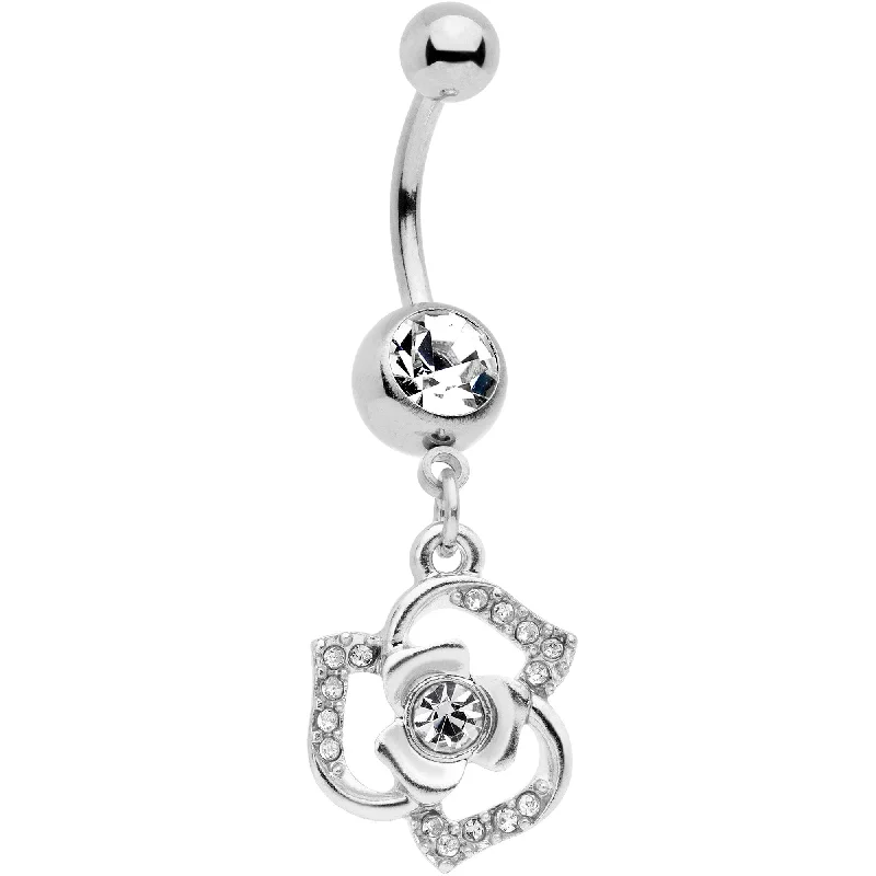 Beautiful Belly Rings for Elegant Appeal -Clear Gem Single Rose Flower Dangle Belly Ring Beautiful Belly Rings for Elegant Appeal -Clear Gem Single Rose Flower Dangle Belly Ring