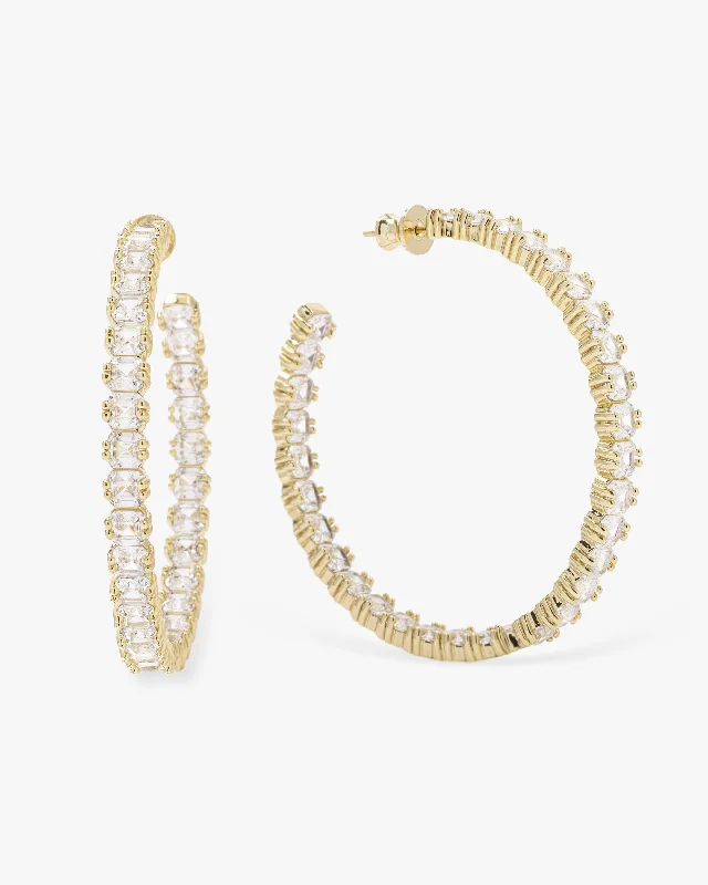 Women's Earrings – Elegant Designs for Every Personality--The Queen's Hoops 2" - Gold|White Diamondettes Women's Earrings – Elegant Designs for Every Personality--The Queen's Hoops 2" - Gold|White Diamondettes