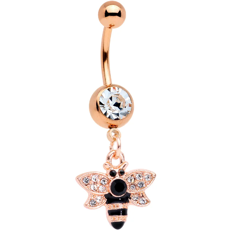 Beautiful Belly Rings for Fashion-Forward Women -Black Clear Gem Rose Gold Tone Bee Dangle Belly Ring Beautiful Belly Rings for Fashion-Forward Women -Black Clear Gem Rose Gold Tone Bee Dangle Belly Ring