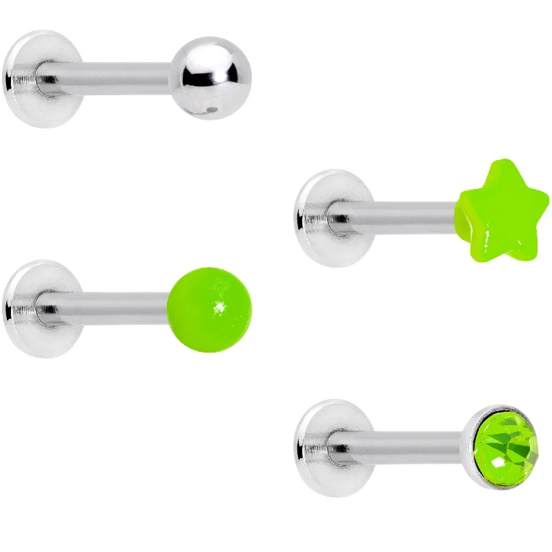Bold Lip Rings for Statement Piercings16 Gauge 3/8 Green Gem Star Glow Internally Threaded Labret Set of 4