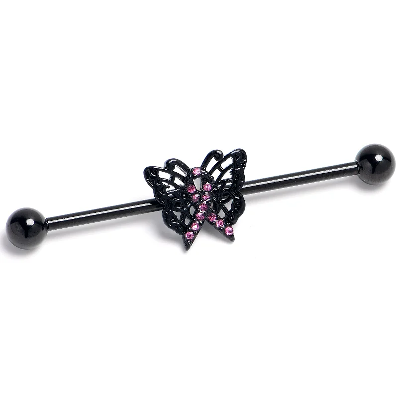 Women's Earrings – Elegant Designs for Every Personality--14 Gauge Black Purple Beauty in Flight Butterfly Industrial Barbell 38mm