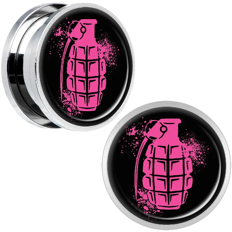 Women's Earrings – Elegant Designs for Every Personality--Pink Grenade Steel Screw Fit Plug Set 18mm Women's Earrings – Elegant Designs for Every Personality--Pink Grenade Steel Screw Fit Plug Set 18mm