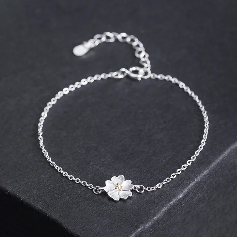 Simple Sterling Silver Bangles for Women-Buddha Stones 925 Sterling Silver Cherry Blossom Blessing Chain Bracelet Simple Sterling Silver Bangles for Women-Buddha Stones 925 Sterling Silver Cherry Blossom Blessing Chain Bracelet
