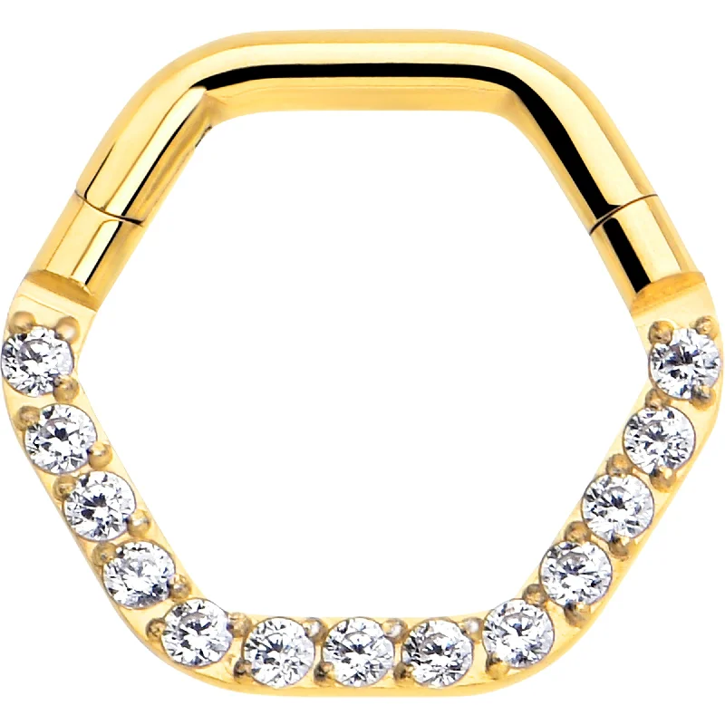 Elegant and Affordable Nose Rings -16 Gauge 5/16 Clear CZ Gem Gold Tone Hexagon Shape Hinged Segment Ring Elegant and Affordable Nose Rings -16 Gauge 5/16 Clear CZ Gem Gold Tone Hexagon Shape Hinged Segment Ring