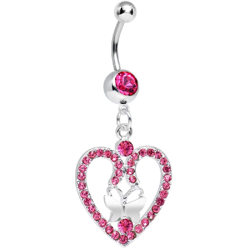 Trendy Belly Rings with Modern Features -Pink Gem Heart Wreathed Butterfly Dangle Belly Ring Trendy Belly Rings with Modern Features -Pink Gem Heart Wreathed Butterfly Dangle Belly Ring