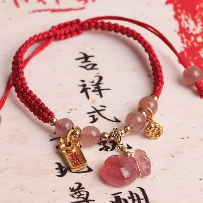 Women's Bangles with Crystal Stones-Buddha Stones Natural Strawberry Quartz Money Bag Lotus Healing Charm Red String Braided Bracelet Women's Bangles with Crystal Stones-Buddha Stones Natural Strawberry Quartz Money Bag Lotus Healing Charm Red String Braided Bracelet
