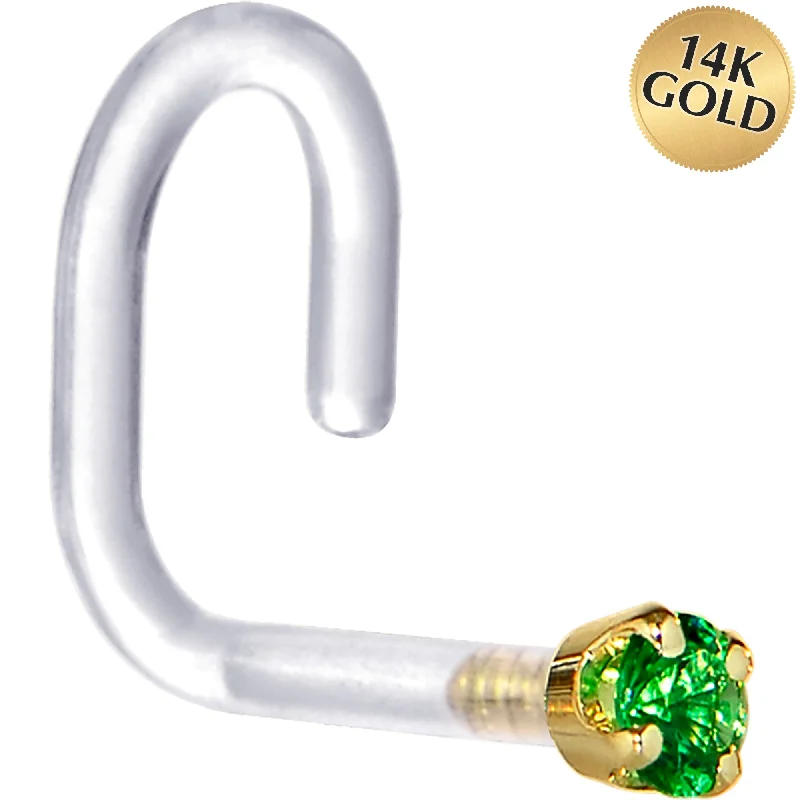 Nose Rings with Natural Stones -18 Gauge 1/4 Yellow Gold 1.5mm Green Cubic Zirconia Bioplast Nose Ring Nose Rings with Natural Stones -18 Gauge 1/4 Yellow Gold 1.5mm Green Cubic Zirconia Bioplast Nose Ring