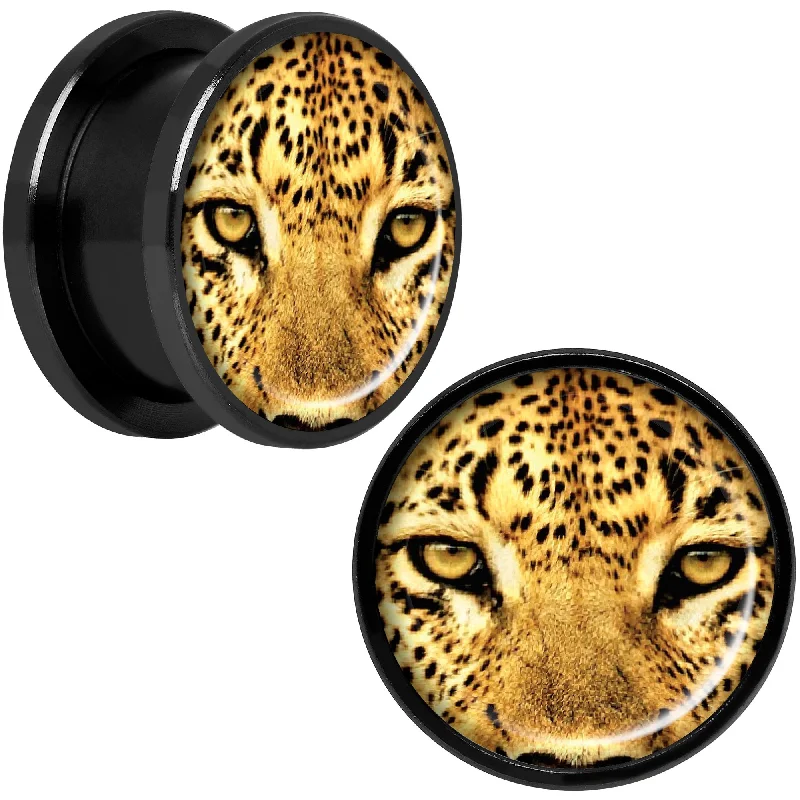 Women's Earrings – Elegant Designs for Every Personality--Full Color Leopard Eyes Black Anodized Screw Fit Plug Set 5/8