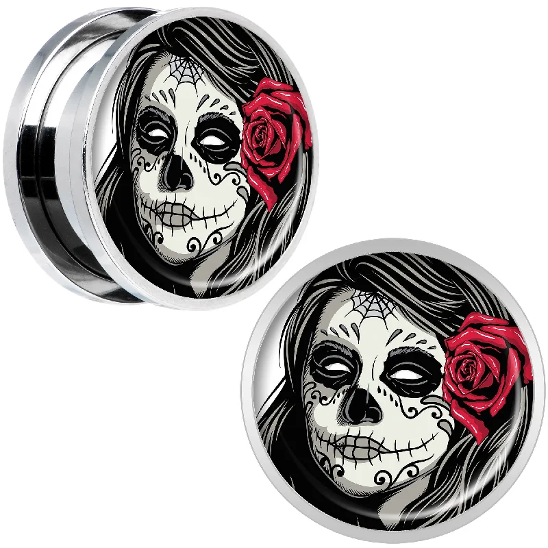 Women's Earrings – Elegant Designs for Every Personality--Katrina Sugar Skull with Rose Flower Steel Screw Fit Plug Set 18mm Women's Earrings – Elegant Designs for Every Personality--Katrina Sugar Skull with Rose Flower Steel Screw Fit Plug Set 18mm