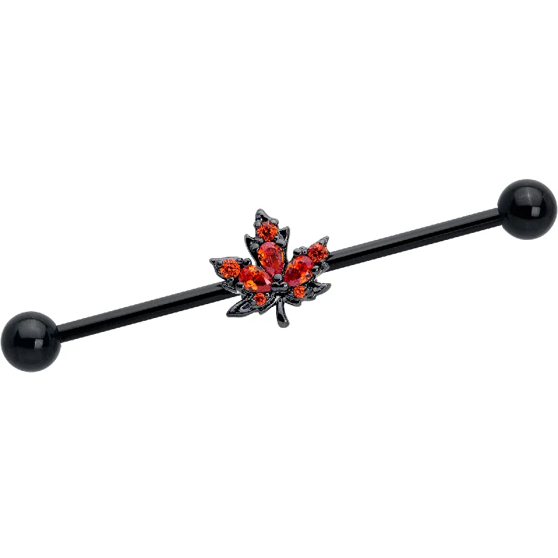 Women's Earrings – Elegant Designs for Every Personality--14 Gauge Orange CZ Gem Black Autumn Leaf Industrial Barbell 38mm
