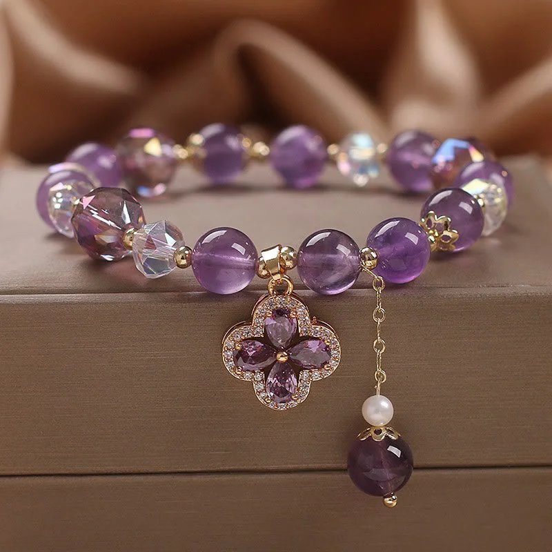 Unique Cuff Bangles for Women-Buddha Stones Natural Amethyst Crystal Four Leaf Clover Spiritual Healing Bracelet Unique Cuff Bangles for Women-Buddha Stones Natural Amethyst Crystal Four Leaf Clover Spiritual Healing Bracelet