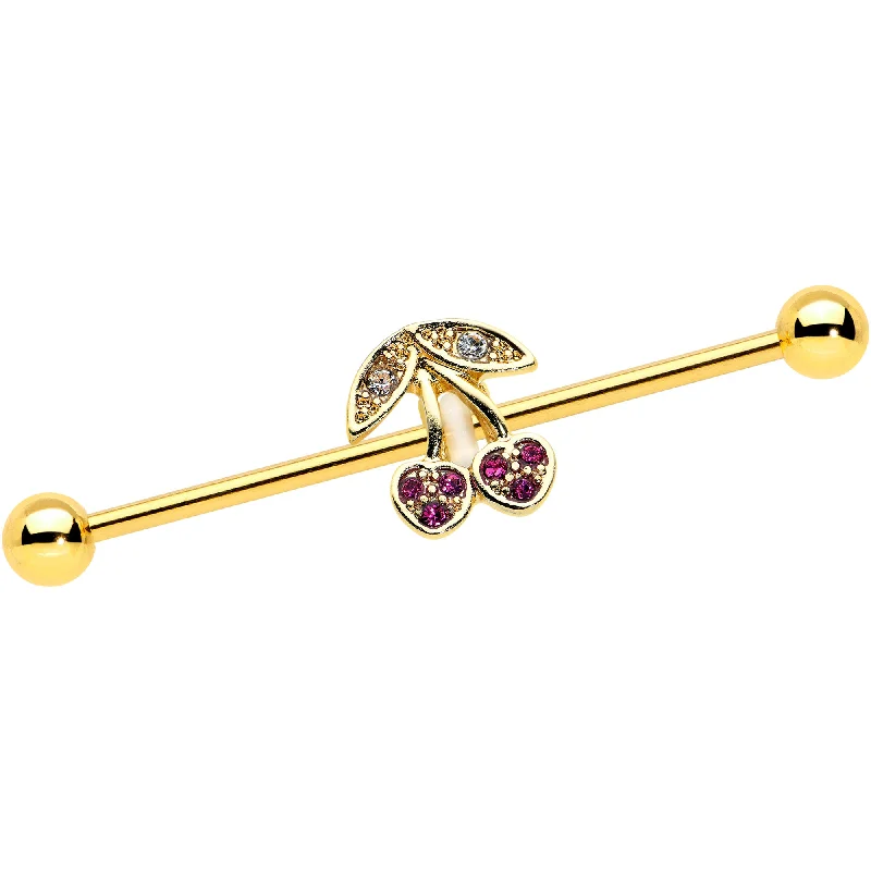 Women's Earrings – Elegant Designs for Every Personality--14 Gauge Clear Purple Gem Gold Tone Cherry Industrial Barbell 38mm