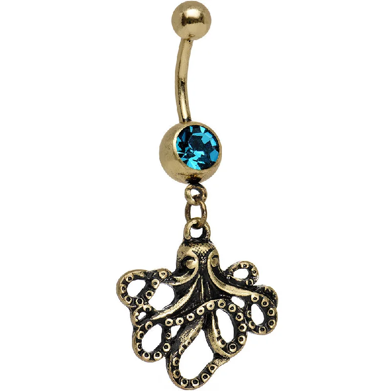 Designer Belly Rings with Polished Design -Coral Blue Anodized Antiqued Octopus Dangle Belly Ring Designer Belly Rings with Polished Design -Coral Blue Anodized Antiqued Octopus Dangle Belly Ring
