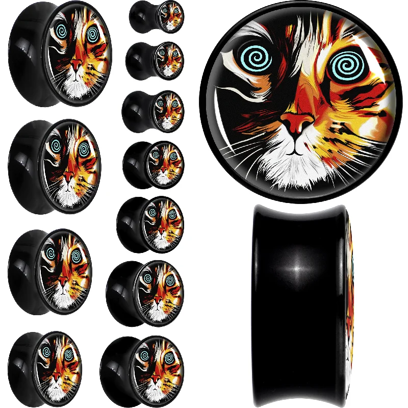 Women's Earrings – Elegant Designs for Every Personality--Colorful Trippy Cat Black Acrylic Saddle Plug Set 8mm to 20mm