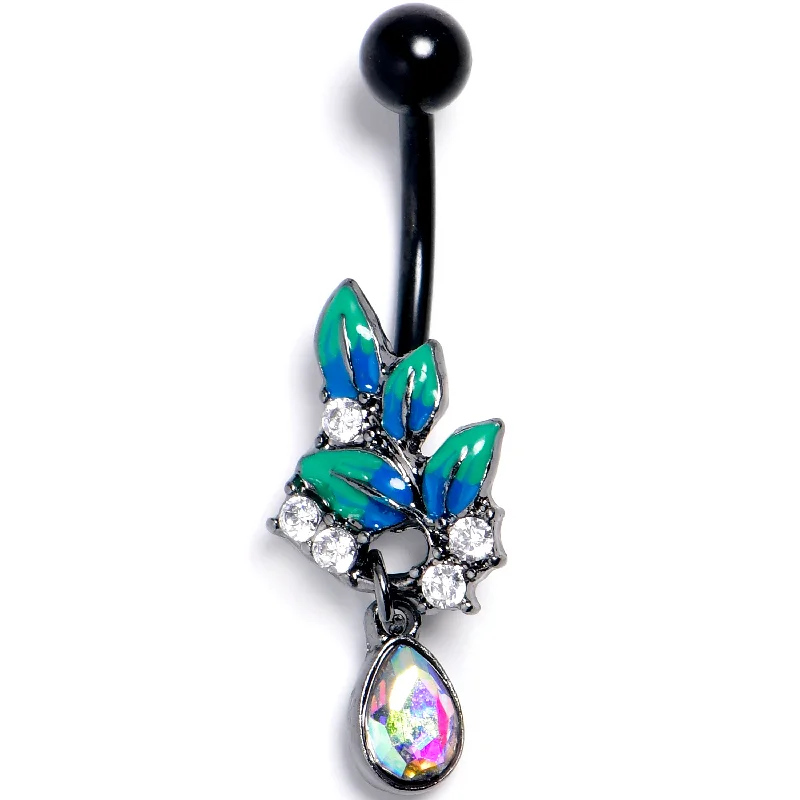 Belly Rings for Creative Fashionistas -Clear Aurora CZ Gem Black Lush Leaves Dangle Belly Ring Belly Rings for Creative Fashionistas -Clear Aurora CZ Gem Black Lush Leaves Dangle Belly Ring