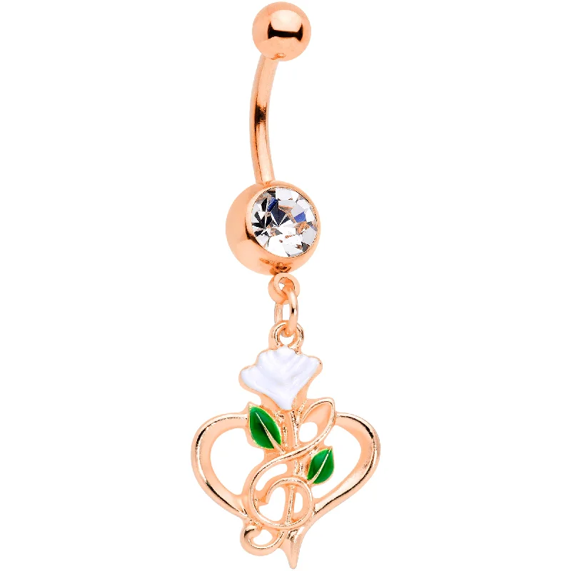 Fashionable Belly Rings with Vibrant Accents -Clear Gem Rose Gold Tone Heart Flower Music Dangle Belly Ring Fashionable Belly Rings with Vibrant Accents -Clear Gem Rose Gold Tone Heart Flower Music Dangle Belly Ring