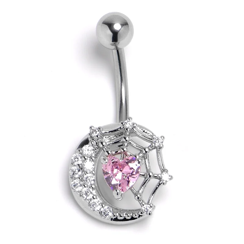Comfortable Belly Rings with Unique Finish -Pink Clear Gem Heart Web Moon Belly Ring Comfortable Belly Rings with Unique Finish -Pink Clear Gem Heart Web Moon Belly Ring