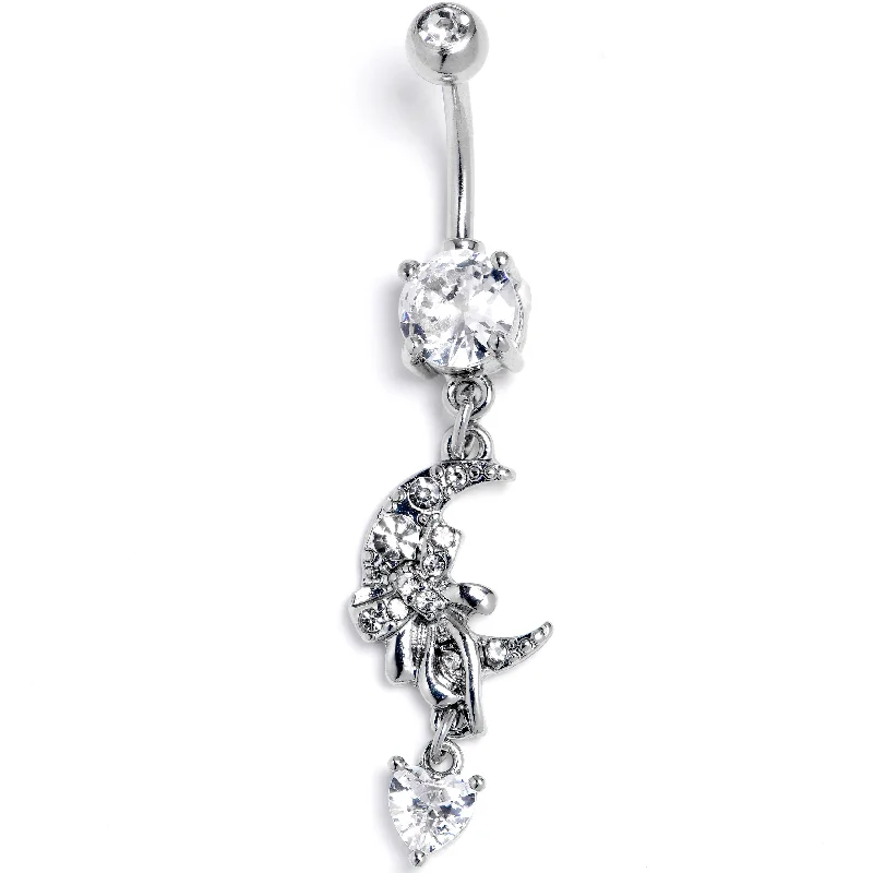 Designer Belly Rings for Special Fashion Statements -Clear CZ Gem Moon Bow Heart Dangle Belly Ring
