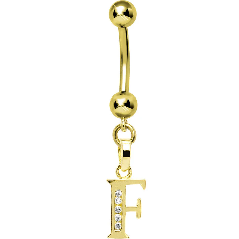 Belly Rings for Fashion Enthusiasts -16 Gauge Solid 14kt Yellow Gold CZ Initial F Belly Ring Belly Rings for Fashion Enthusiasts -16 Gauge Solid 14kt Yellow Gold CZ Initial F Belly Ring