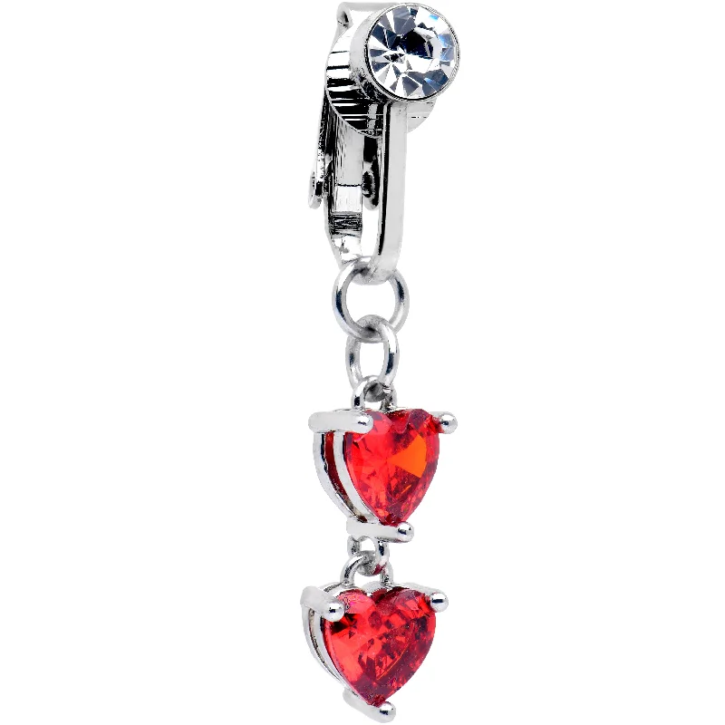 Beautiful Belly Rings for Elegant Appeal -Red CZ Gem Hearts Dangle Clip on Fake Belly Ring Beautiful Belly Rings for Elegant Appeal -Red CZ Gem Hearts Dangle Clip on Fake Belly Ring