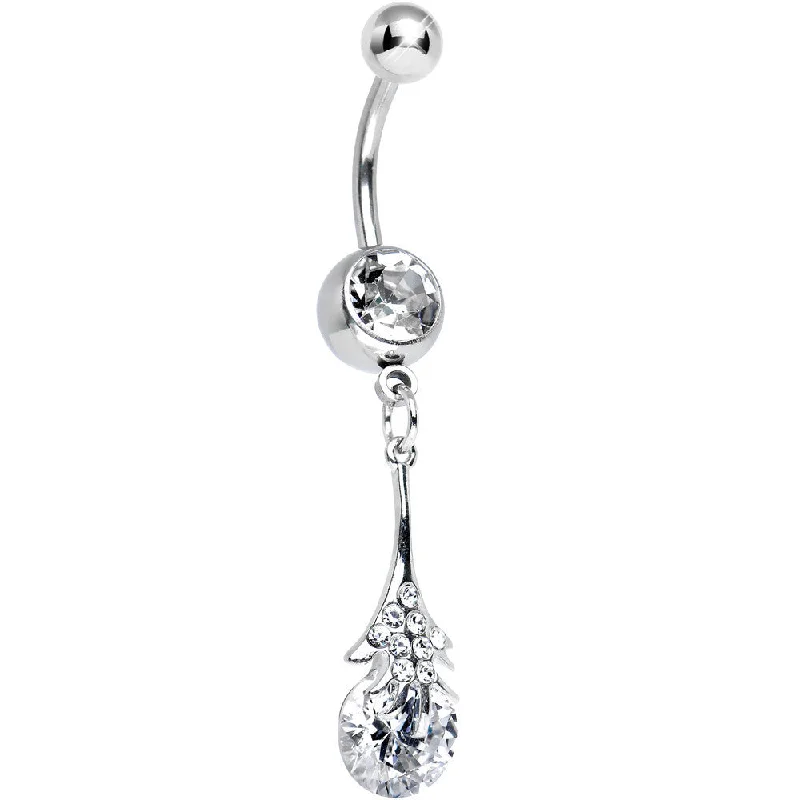 Silver Belly Rings for Classic Look -Clear CZ Magical Wand Dangle Belly Ring