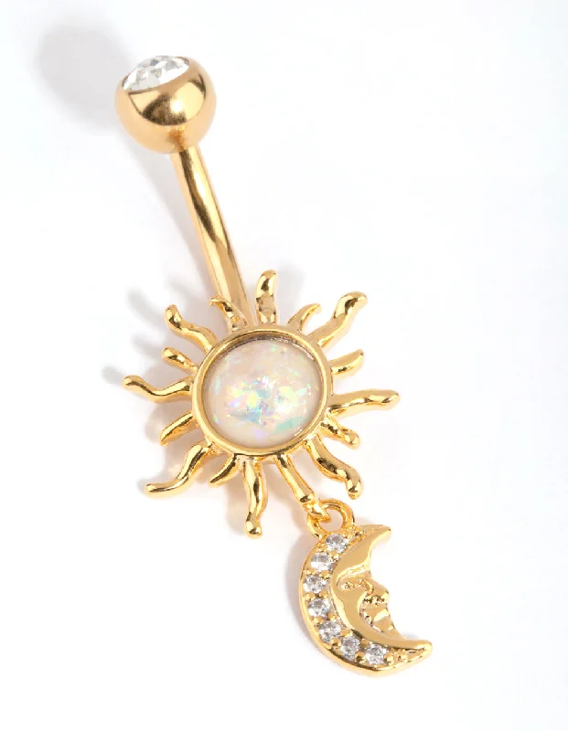 Comfortable Belly Rings for Unique Look -Gold Surgical Steel Sun & Moon Belly Bar