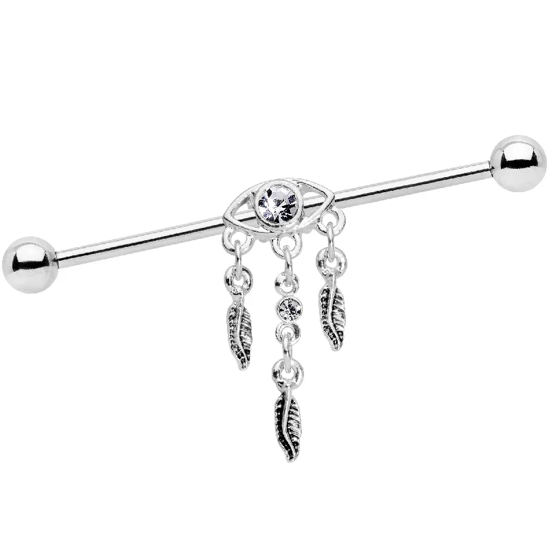 Women's Earrings – Elegant Designs for Every Personality--Clear Gem Eye Feather Dangle Industrial Barbell 38mm Women's Earrings – Elegant Designs for Every Personality--Clear Gem Eye Feather Dangle Industrial Barbell 38mm