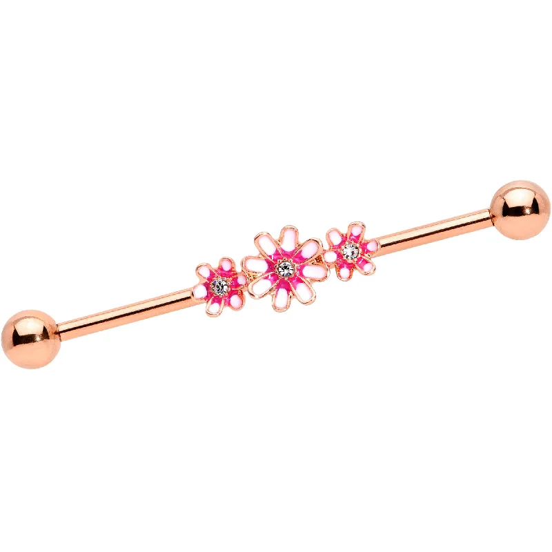 Women's Earrings – Elegant Designs for Every Personality--14 Gauge Clear Gem Rose Gold Tone Pink Flowers Industrial Barbell 38mm