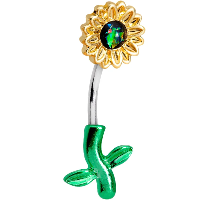 Beautiful Belly Rings with Shiny Stones -Green Faux Opal Yellow Sunflower Leaf Double Mount Belly Ring Beautiful Belly Rings with Shiny Stones -Green Faux Opal Yellow Sunflower Leaf Double Mount Belly Ring