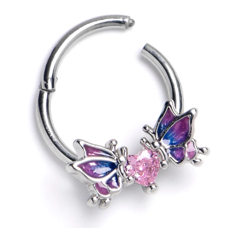 Trendy Nose Rings for Fashion Forward Women -16 Gauge 3/8 Pink Gem Heart Butterfly Purple Hinged Segment Ring Trendy Nose Rings for Fashion Forward Women -16 Gauge 3/8 Pink Gem Heart Butterfly Purple Hinged Segment Ring