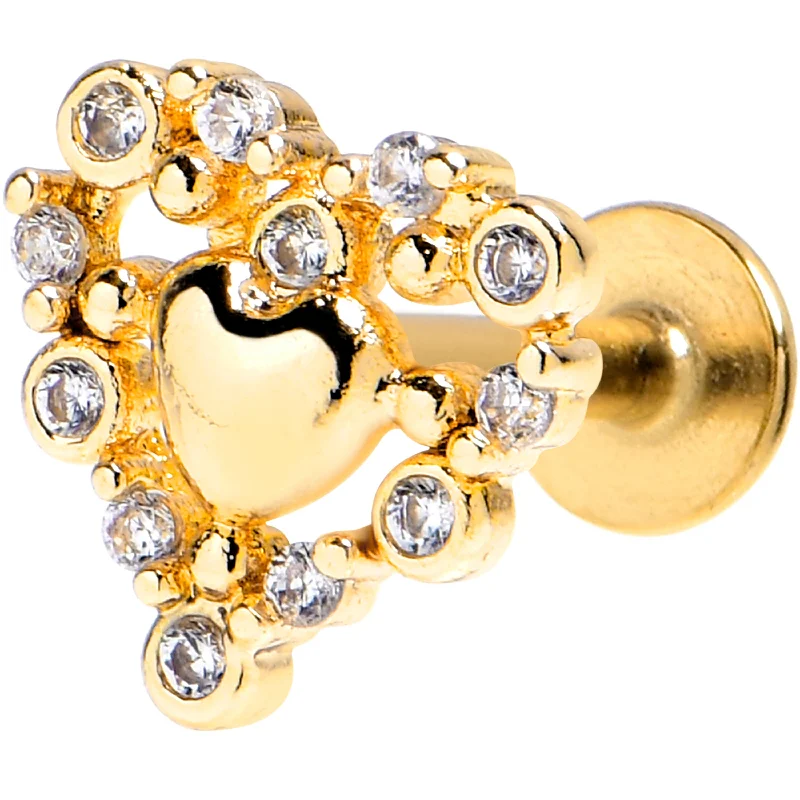 Trendy Lip Rings for Fashion-Forward Look16 Gauge 1/4 Clear CZ Gem Gold Tone Heart Duo Labret Tragus