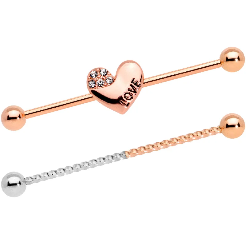 Women's Earrings – Elegant Designs for Every Personality--14 Gauge Clear Gem Rose Gold Tone Love Heart Industrial Barbell 38mm