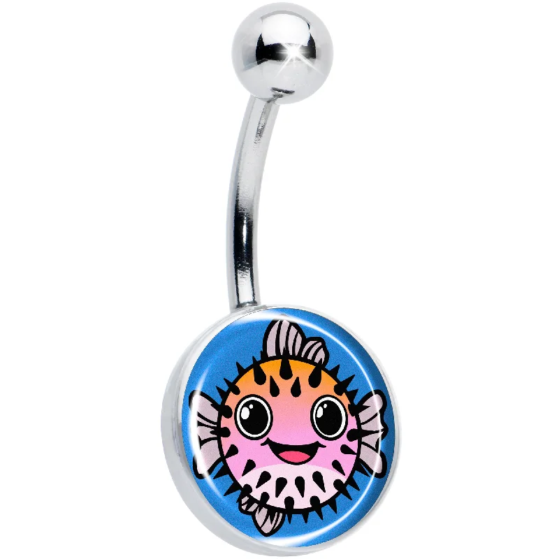 Designer Belly Rings with Timeless Appeal -Swimming Pink Pufferfish Belly Ring