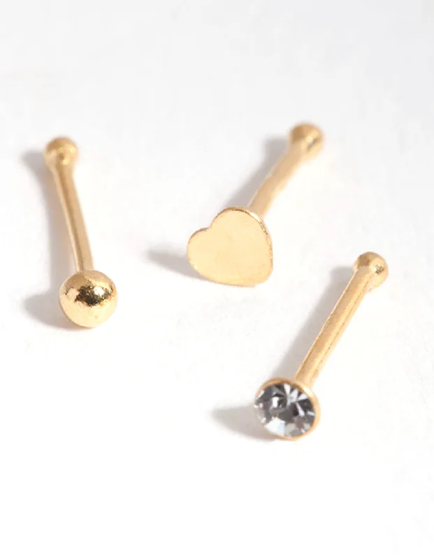 Comfortable Nose Rings -Gold Plated Sterling Silver Heart Nose Stud Pack