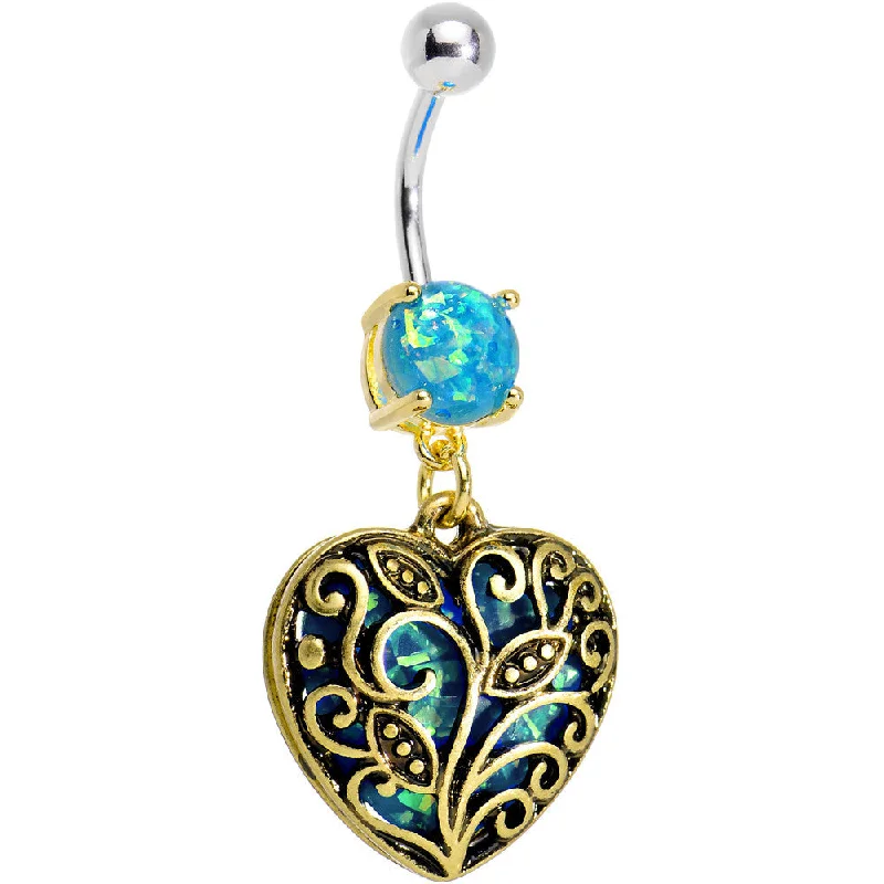 Beautiful Belly Rings for Statement Fashion -Aqua Imitation Opal Gold Plated Lace Heart Dangle Belly Ring Beautiful Belly Rings for Statement Fashion -Aqua Imitation Opal Gold Plated Lace Heart Dangle Belly Ring