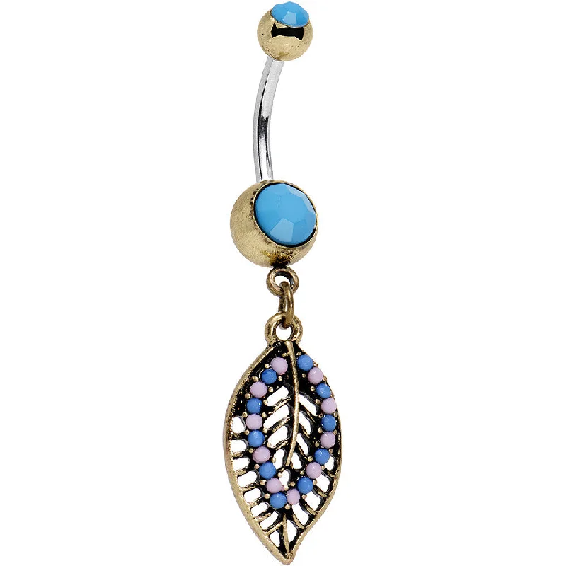 Trendy Belly Rings for Fashion-Forward Women -Faux Turquoise Pink and Blue Bead Latticework Leaf Dangle Belly Ring Trendy Belly Rings for Fashion-Forward Women -Faux Turquoise Pink and Blue Bead Latticework Leaf Dangle Belly Ring