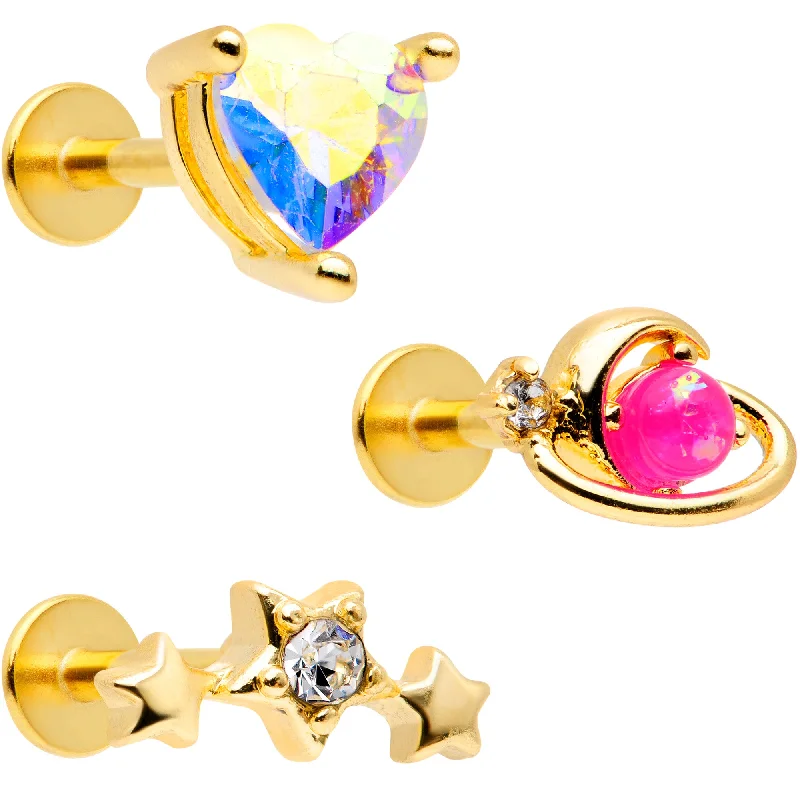 Comfortable Lip Rings for Sensitive Skin16 Gauge 5/16 Pink Faux Opal Gold Tone Heart Labret Tragus Set of 3