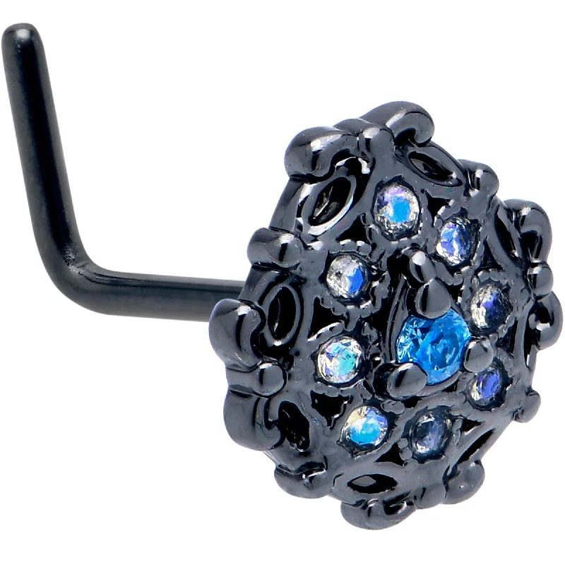 Simple Yet Elegant Nose Rings -20 Gauge 7mm Blue Aurora Gem Black Night Blossom L Shape Nose Ring Simple Yet Elegant Nose Rings -20 Gauge 7mm Blue Aurora Gem Black Night Blossom L Shape Nose Ring