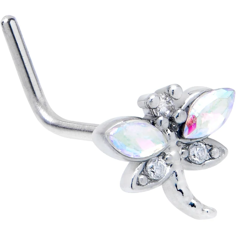 Designer Nose Rings for Unique Fashion -20 Gauge 7mm Aurora CZ Gem Understated Dragonfly L Shape Nose Ring Designer Nose Rings for Unique Fashion -20 Gauge 7mm Aurora CZ Gem Understated Dragonfly L Shape Nose Ring