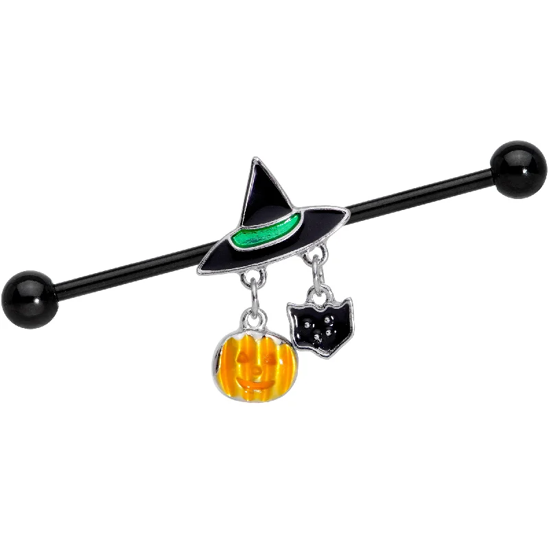 Women's Earrings – Elegant Designs for Every Personality--14 Gauge Black Cat Witch Hat Black Halloween Industrial Barbell 38mm