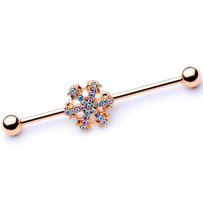 Women's Earrings – Elegant Designs for Every Personality--14 Gauge Aurora Gem Rose Gold Tone Snowflake Industrial Barbell 38mm