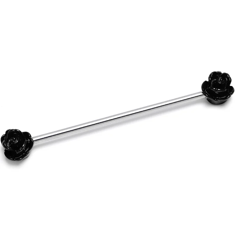 Women's Earrings – Elegant Designs for Every Personality--14 Gauge Open Bloom Rose Black Industrial Barbell 38mm