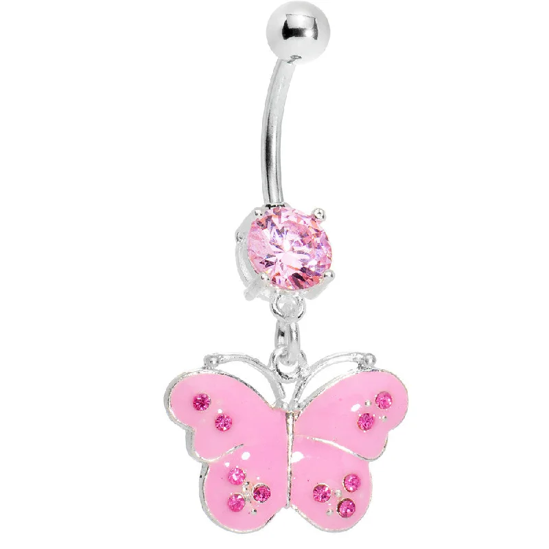 Trendy Belly Rings with Vibrant Details -Pink Gem Shiny Wing Butterfly Belly Ring