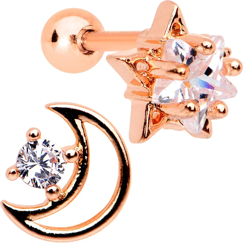 Women's Earrings – Elegant Designs for Every Personality--Clear CZ Rose Gold Tone Anodized Moon Star Tragus Cartilage Set 1/4