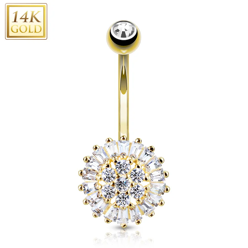 Beautiful Belly Rings for Fashionable Women -14kt Solid Yellow Gold Cubic Zirconia Sunflower Belly Ring Beautiful Belly Rings for Fashionable Women -14kt Solid Yellow Gold Cubic Zirconia Sunflower Belly Ring