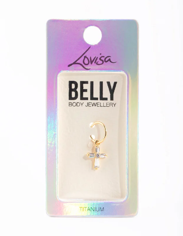 Comfortable Belly Rings with Polished Finish -Gold Plated Titanium Diamante Belly Ring Comfortable Belly Rings with Polished Finish -Gold Plated Titanium Diamante Belly Ring