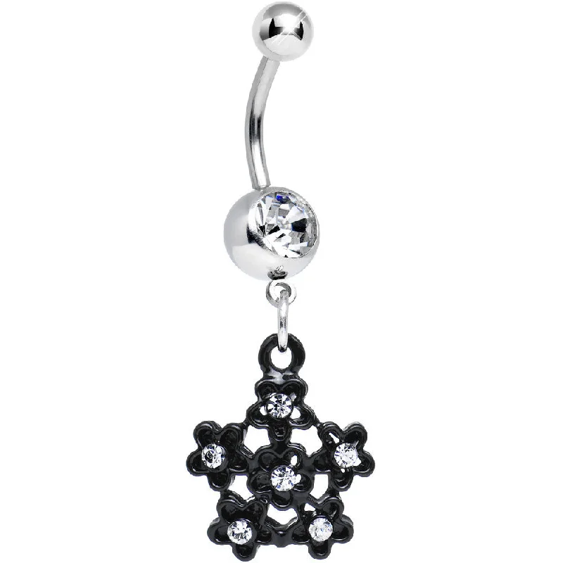 Designer Belly Rings with Artistic Features -Clear Gem Flowering Dark Winter Snowflake Dangle Belly Ring Designer Belly Rings with Artistic Features -Clear Gem Flowering Dark Winter Snowflake Dangle Belly Ring